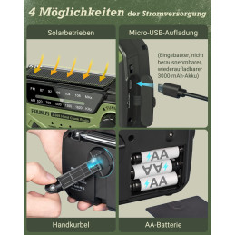 Prunus J-369 3000maH Radio AM/FM Solcelle/Håndsving