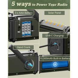 PRUNUS J-924D 10000mAh nødradio, Solar DAB+/FM/SD/BT/USB+AAA