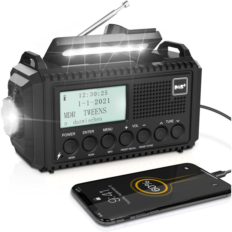DAB/DAB+/FM Digital 5000mAh nødradio, Solar,USB+AAA DAB/DAB+/FM Digital 5000mAh nødradio, Solar,USB+AAA